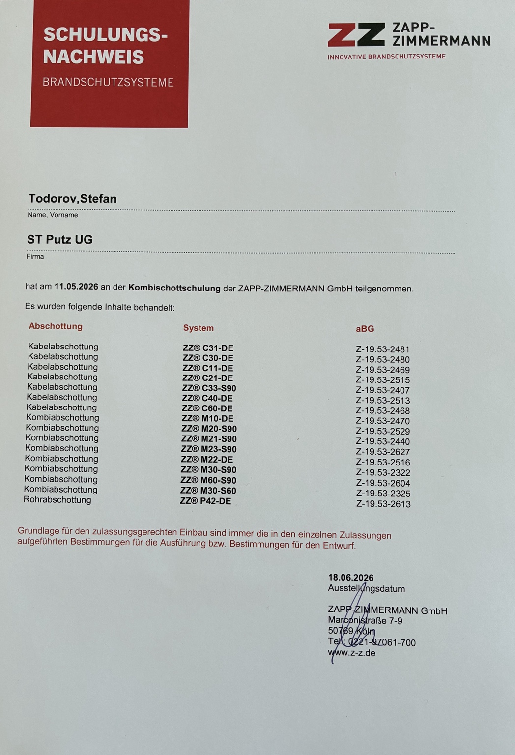 Schulungsnachweis Brandschutzsysteme der ST-Putz UG von ZAPP-ZIMMERMANN